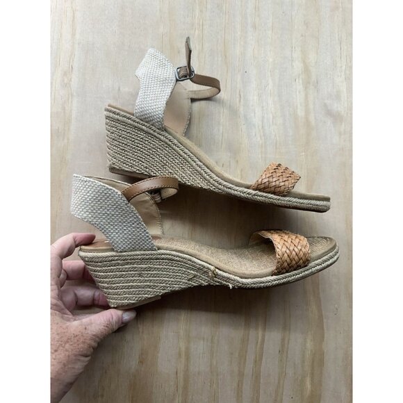 Lucky Brand Wedge Jute Heels Womens 9.5 Tan Leather Strap Open Toe Boho Natural - Picture 3 of 5